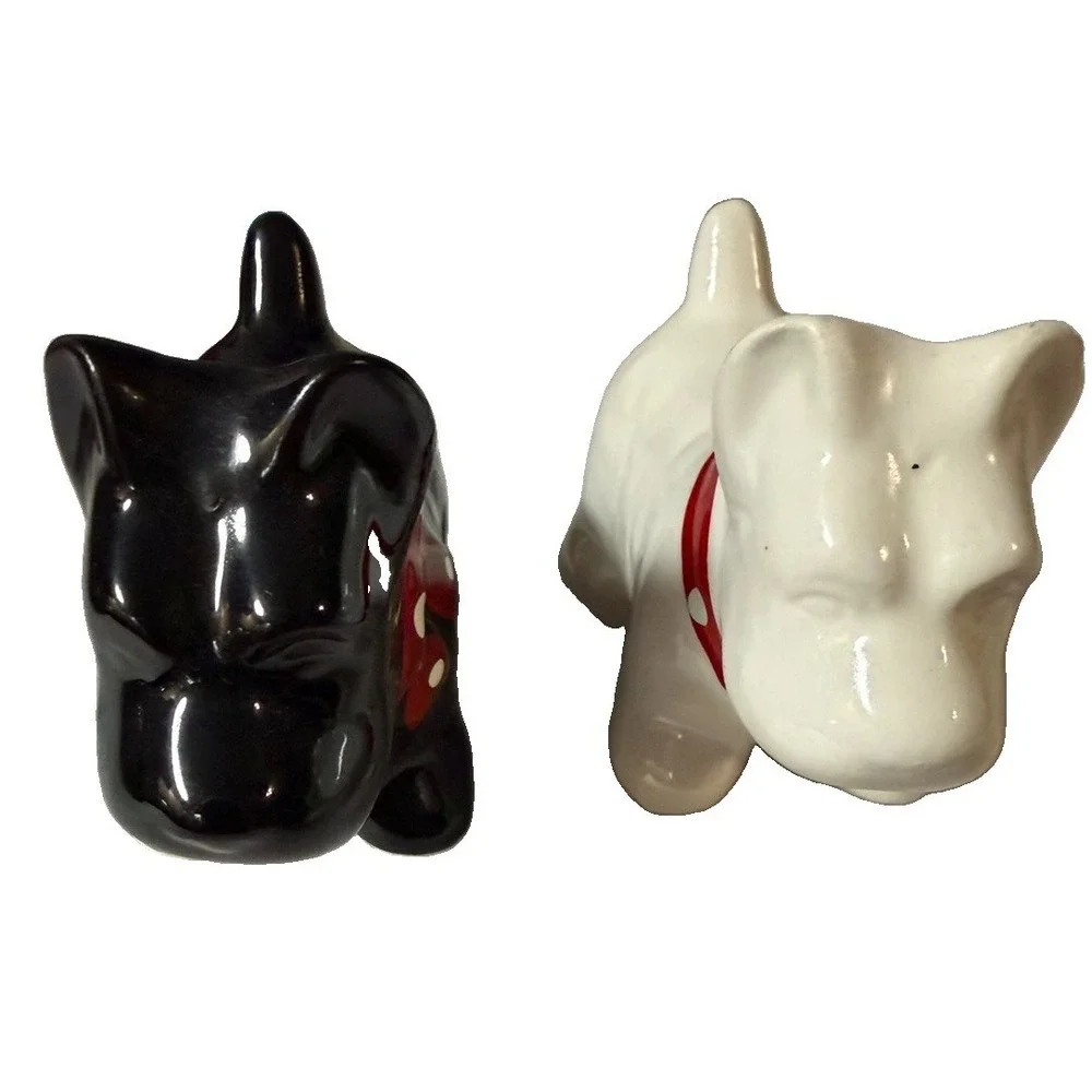 Vintage Japan Scottie Dog Salt Pepper Shakers Black White Red Polka Dot Bow